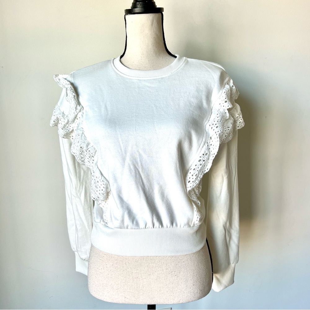 VVETTE White Ruffled Eyelet Crew Neck Sweatshirt—SZ. Small